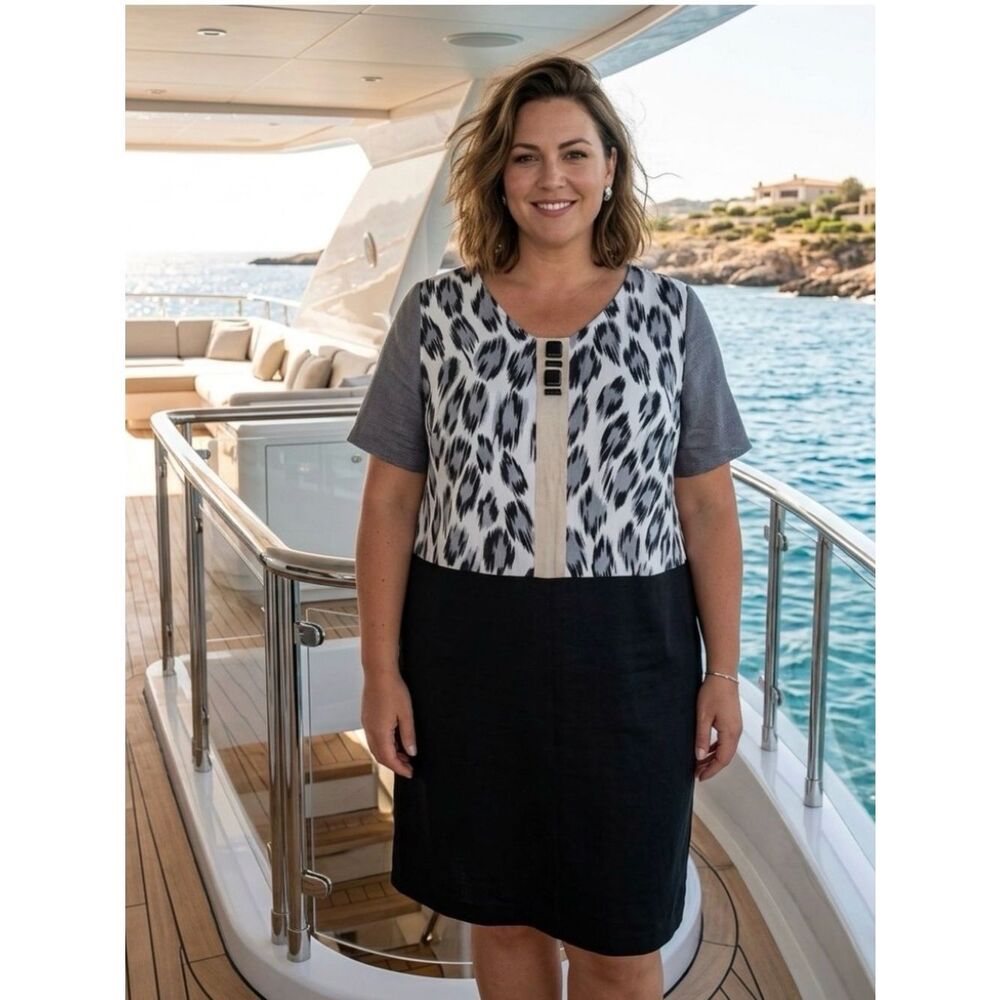 Marina Rinaldi Dumas Linen Leopard Print Short Sleeve Shift Dress